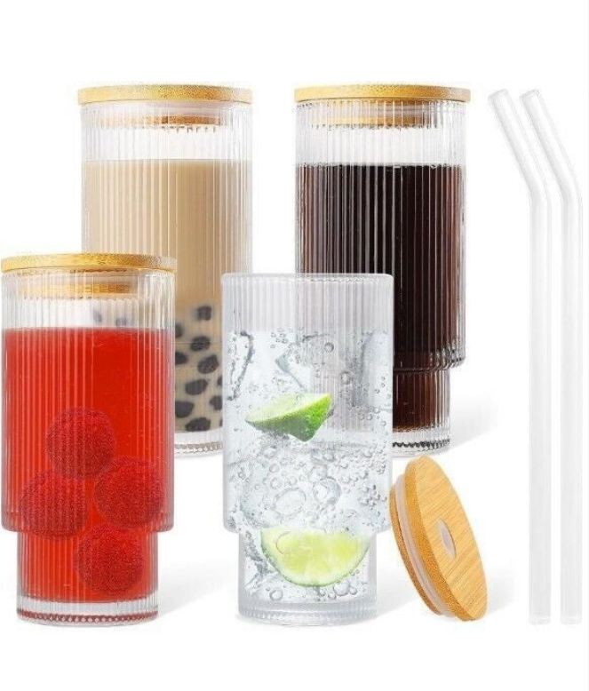 Ribbed Drinking Glass with Lid & Straw