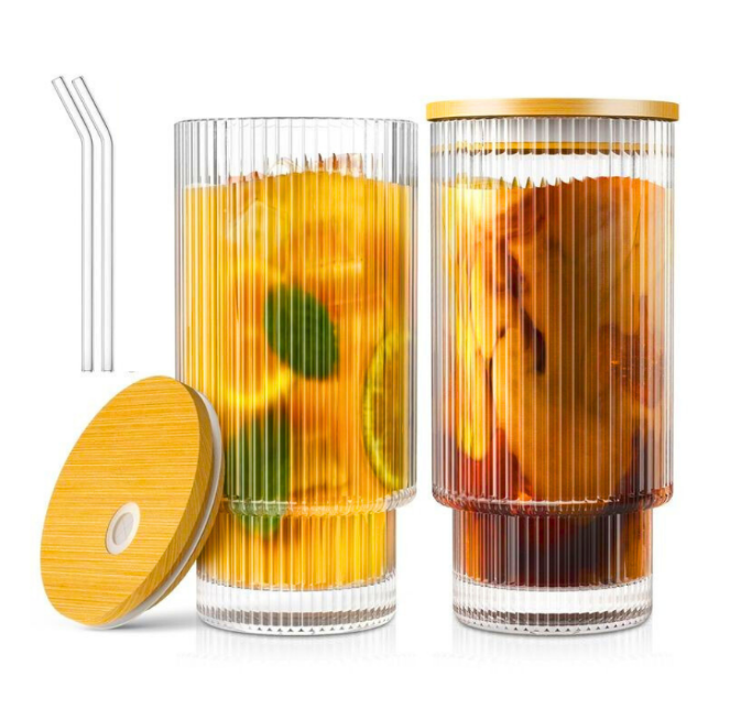 Ribbed Drinking Glass with Lid & Straw