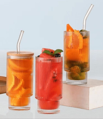 Ribbed Drinking Glass with Lid & Straw