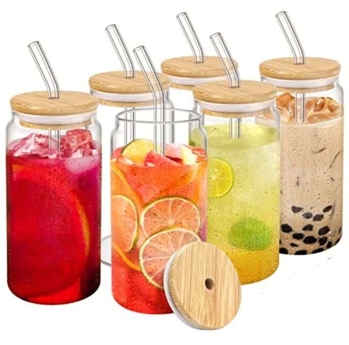 Beer Can Glass Mugs w/ Bamboo Lid & Glass Straw