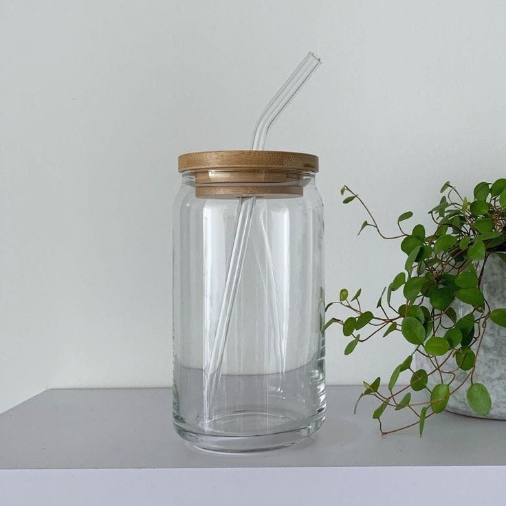 Beer Can Glass Mugs w/ Bamboo Lid & Glass Straw