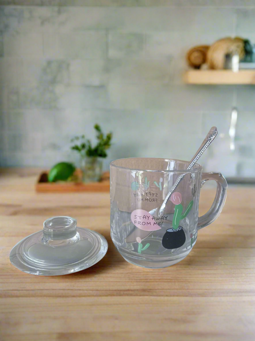 Clear Glass Teacup w/ Lid and Spoon