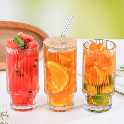 Ribbed Drinking Glass with Lid & Straw