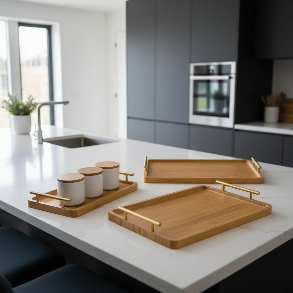 Wooden Tray with Gold Handles
