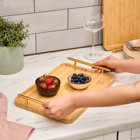 Wooden Tray with Gold Handles